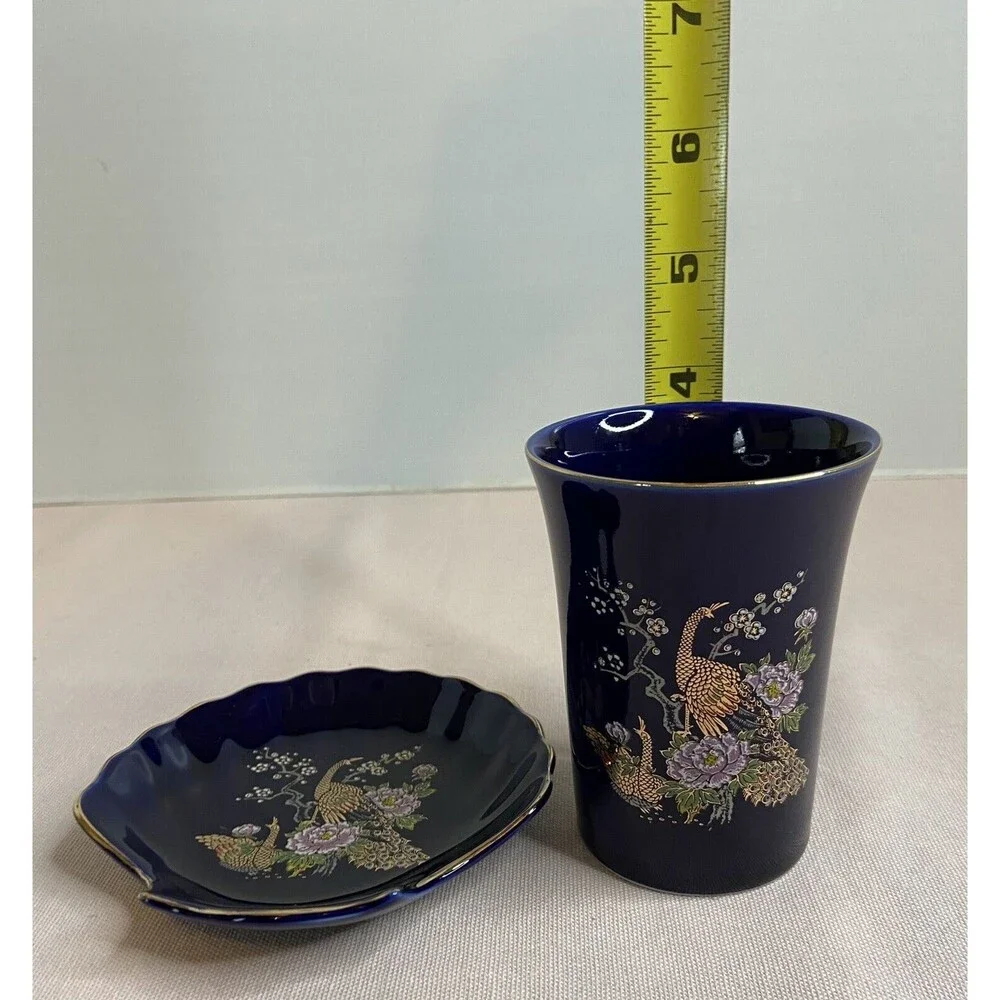 Vintage Japanese Blue Floral Ceramic Bathroom Set Cup and Soap Dish